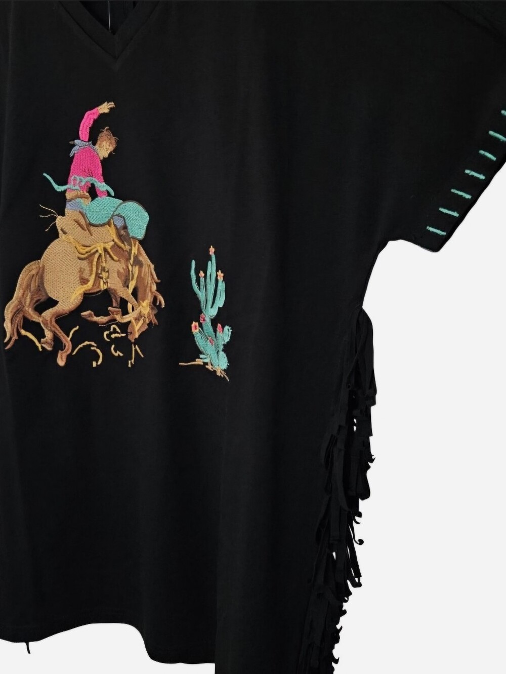 Sterling Kreek black western rodeo blouse with fringe down sides & embroidered - Picture 4 of 7